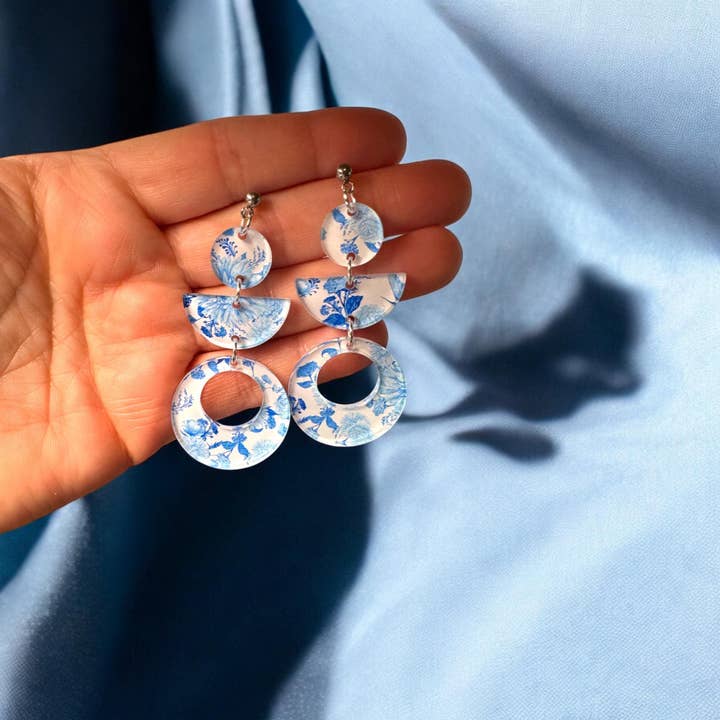 Fish Towne Designs, LLC - Wholesale Dangle Earrings - Santorini-Inspired Blue Floral Acrylic Statement Earrings6
