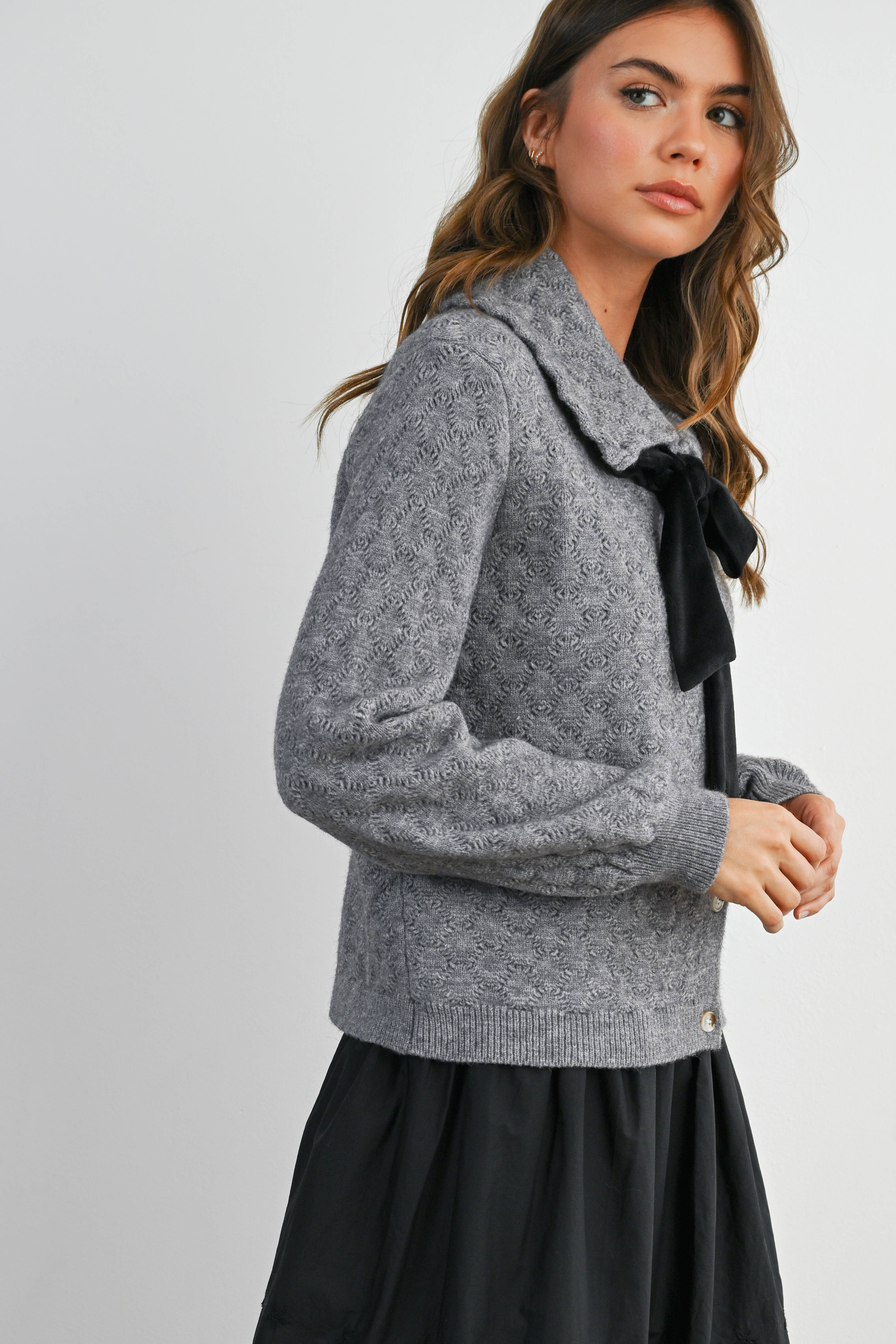 BUTTERMELON - Wholesale Cardigan - Women's - Button-Up Bow Front Collared Long Sleeve Top - BMC777620