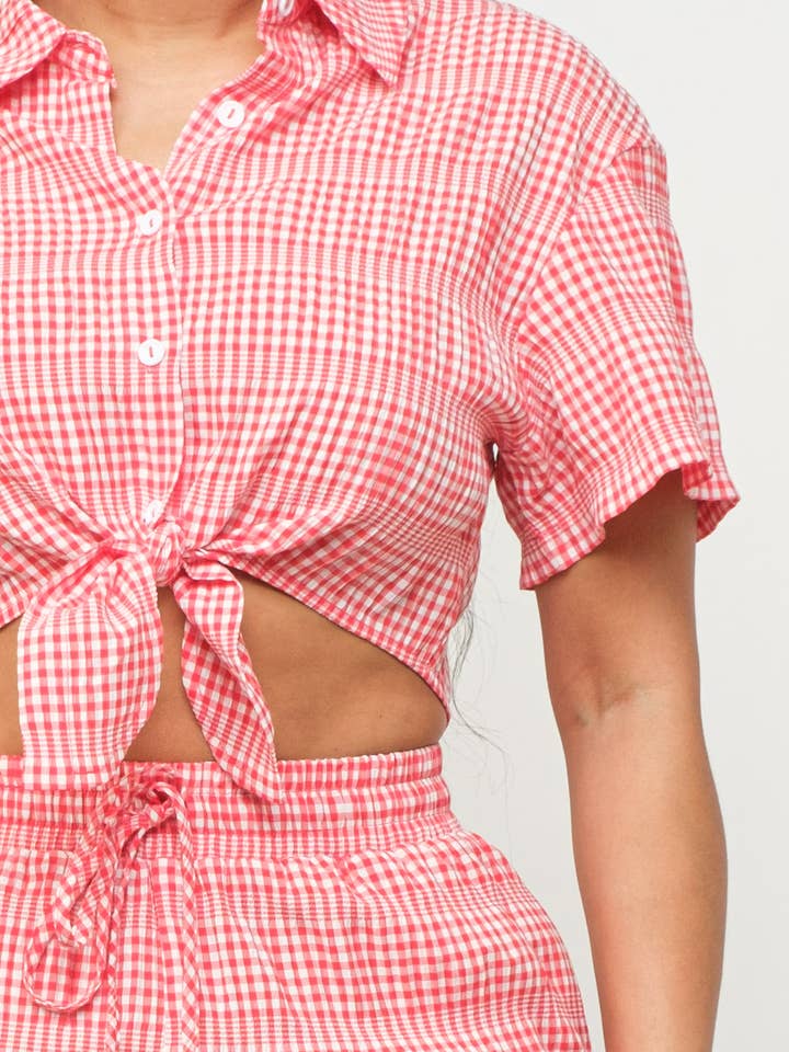 Julia by LoveJ - Wholesale Lounge Set - Women's - Gingham Button Down Front Tie Top & Shorts Set