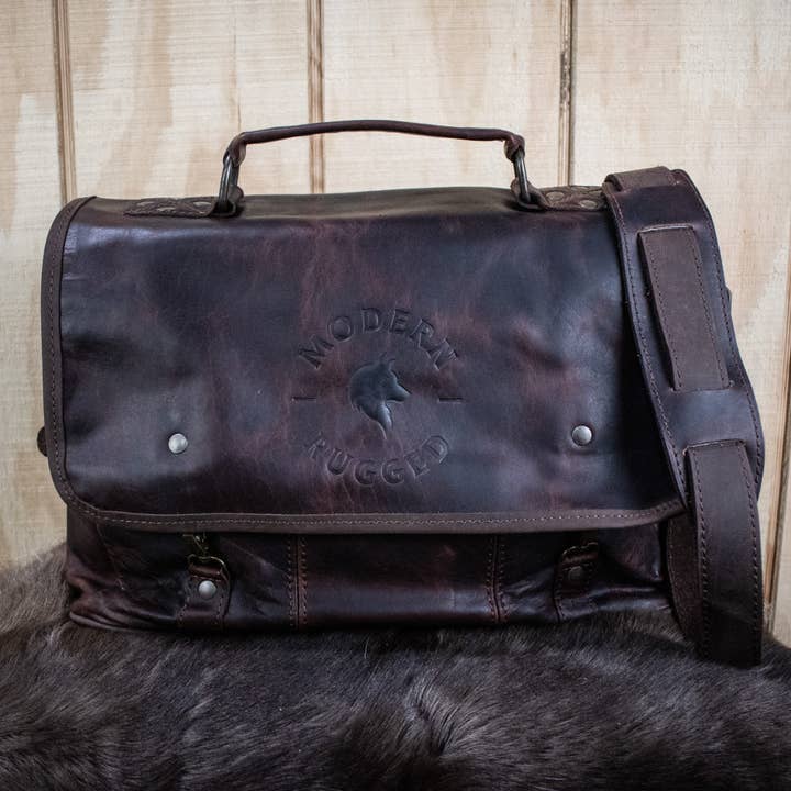 Leather Hide Laptop Bag - Rustic Mahogany and Brown (Clasps) for wholesale by Modern Rugged