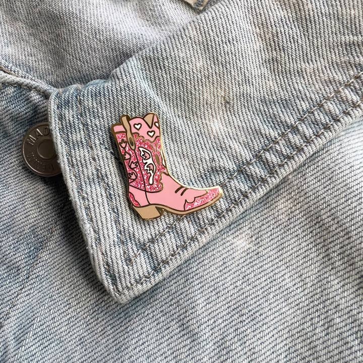 Wildflower + Co. - Wholesale Lapel Pin/Button - Cowgirl Boot Enamel Pin, Pink4