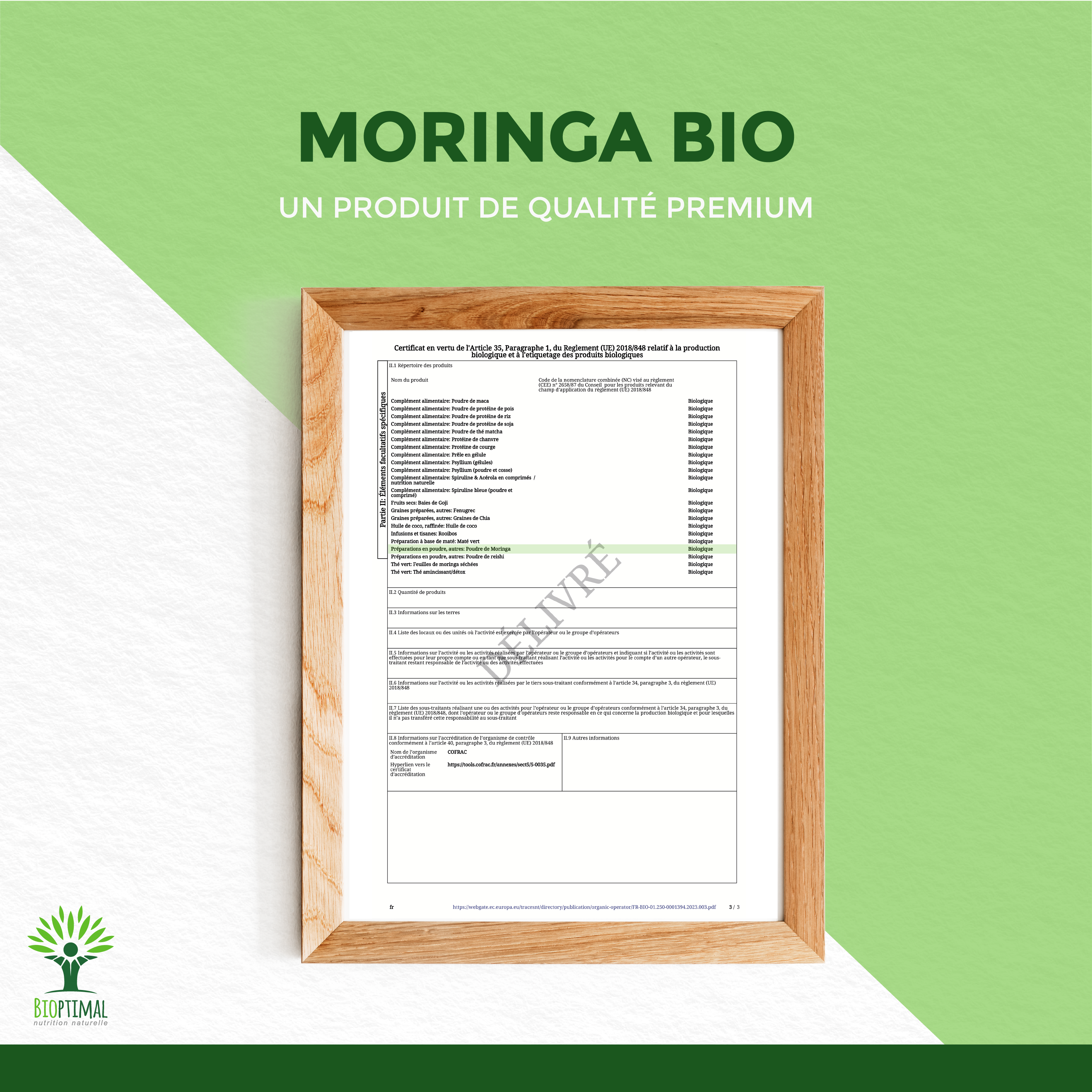 Bioptimal - Wholesale Protein/Superfood Powder - Organic Moringa powder - Packaged in France - Vegan10