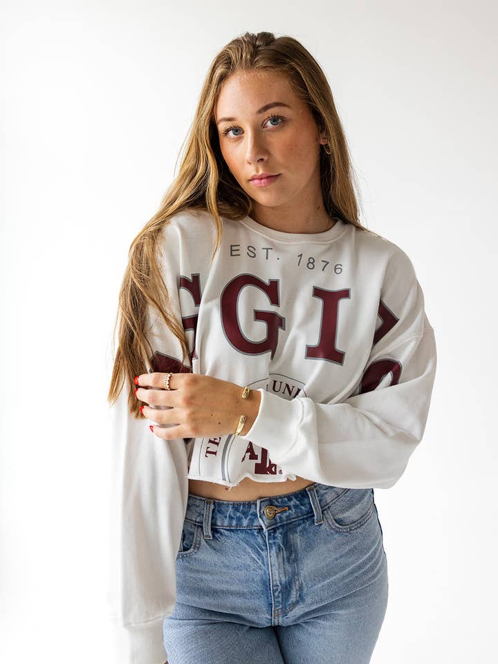 Texas A&M Phipps Split Afgrødet Langærmet for engroshandel hos Gameday Social Apparel Co.®
