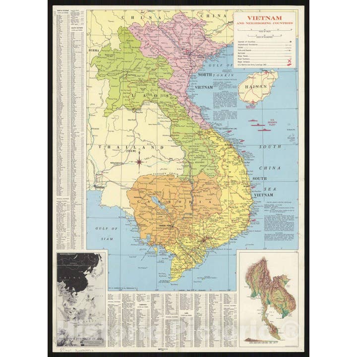 Carte ancienne vintage du Vietnam et des pays voisins 1965 pour la vente par Historic Pictoric