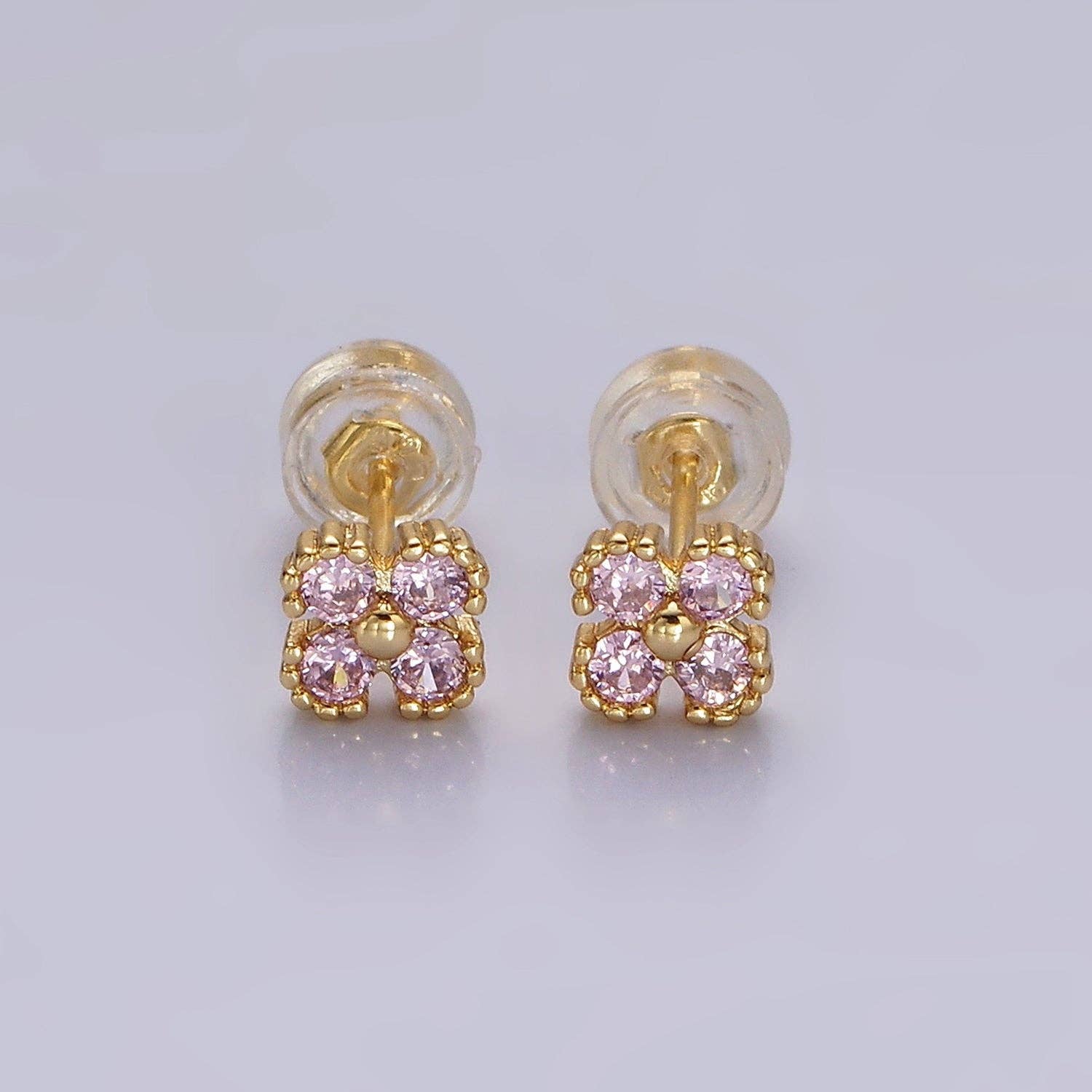 Aim Eternal - Wholesale Stud/Post Earrings - 14K Gold Filled Clear CZ Clover Quatrefoil Stud Earrings6