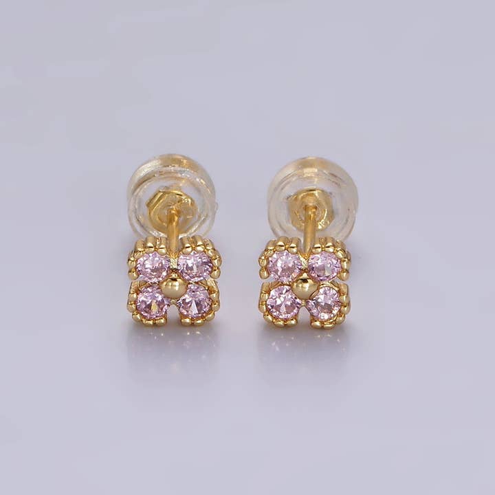 Aim Eternal - Wholesale Stud/Post Earrings - 14K Gold Filled Clear CZ Clover Quatrefoil Stud Earrings6