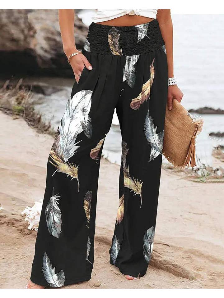 BLACK feather print high waist wide leg pants for wholesale on Faire