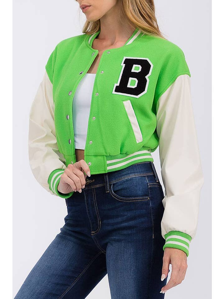 ROUSSEAU - Wholesale Varsity/Baseball Jacket - Women's - PLEATHER SLEEVE BUTTON CLOSURE VARSITY JACKET1