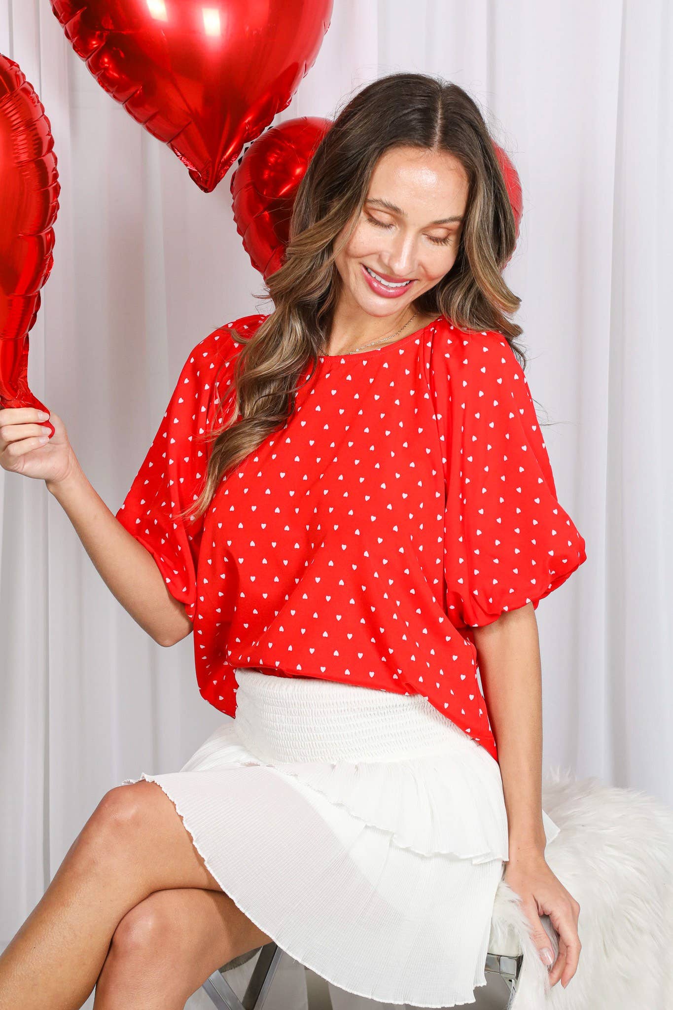 Rood Boothals Pofmouw Hartjesprint Blouse Top VT82337H voor groothandel op Faire13