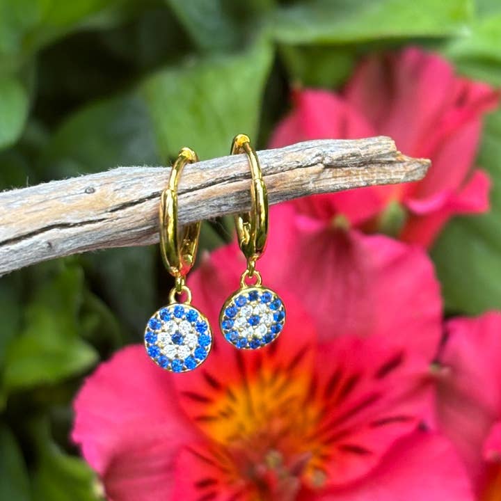 Pendientes de aro con disco de circonita azul chapados en oro de 18 quilates para venta al por mayor de Ocean Ripples