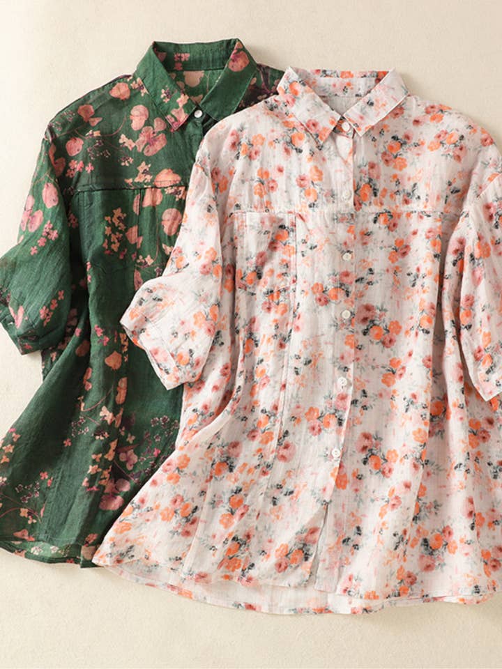 Artistiek Retro Bedrukt Los Casual Slank Korte Mouw Shirt voor wholesale door Whisper Mint