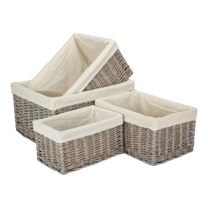 Grey Wash White Cotton Lined Willow Storage Baskets for wholesale by Red Hamper
