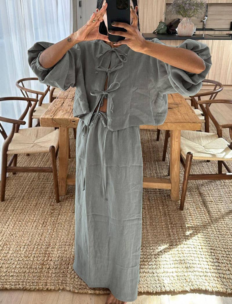 EmberLoom – wholesale Top & skirt set – Women's – Relaxed Tie-Front Top with Skirt Set3