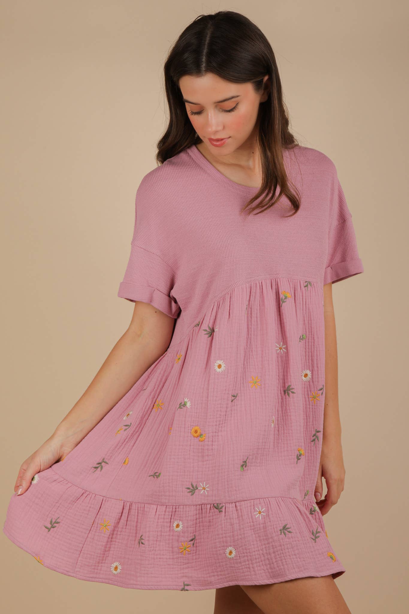 VERY J - Wholesale Dress - Women's - ND31718-Oversized Floral Embroidered Knit Mini Dress7