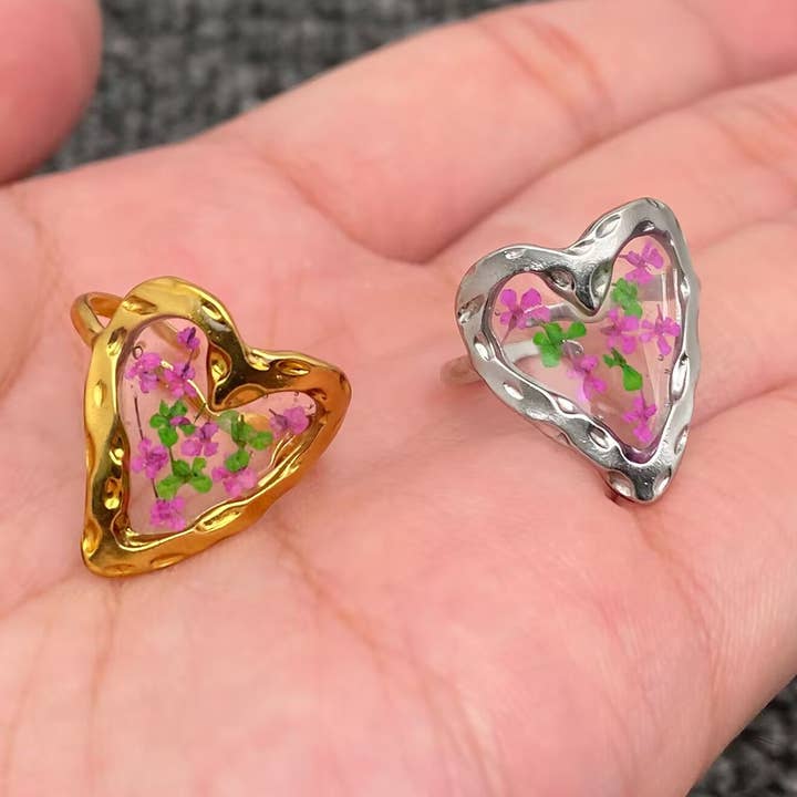 Dried Flower 18K Gold Plated S.Steel Heart Ring - FGS/PDF for wholesale by Mio Queena