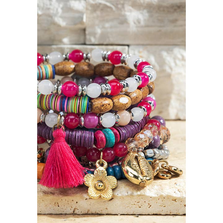 Moscow 10 Layered Wood and Glass Boho Bracelet Set for wholesale on Faire