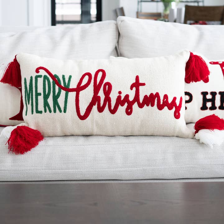 Elsie & Zoey - Wholesale Lumbar Pillow - Christmas 12"x22" Merry Christmas Embroidered Lumbar Pillow