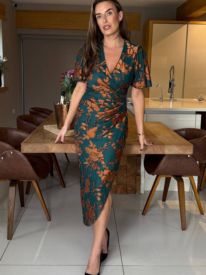 Natasha Angel Sleeve Wrap Midi Dress In Green Velvet Burnout for wholesale by Girl in mind