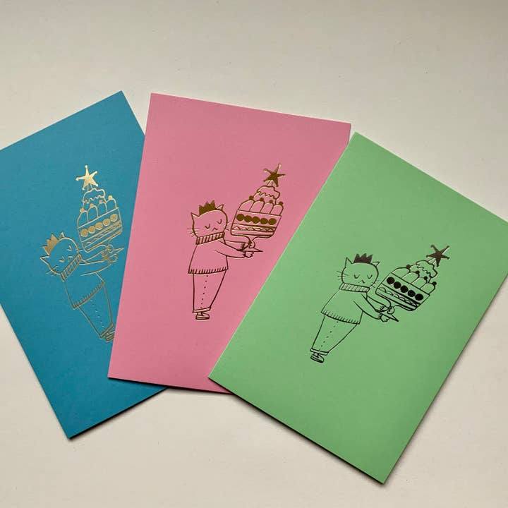 Trifle cat - hand foil block printed greeting card on recycled paper for wholesale by Takako Copeland