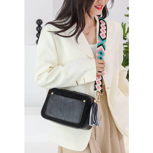 PU-cameratas van imitatiebont, schoudertas met canvasriem, -0361 voor wholesale door Superbia