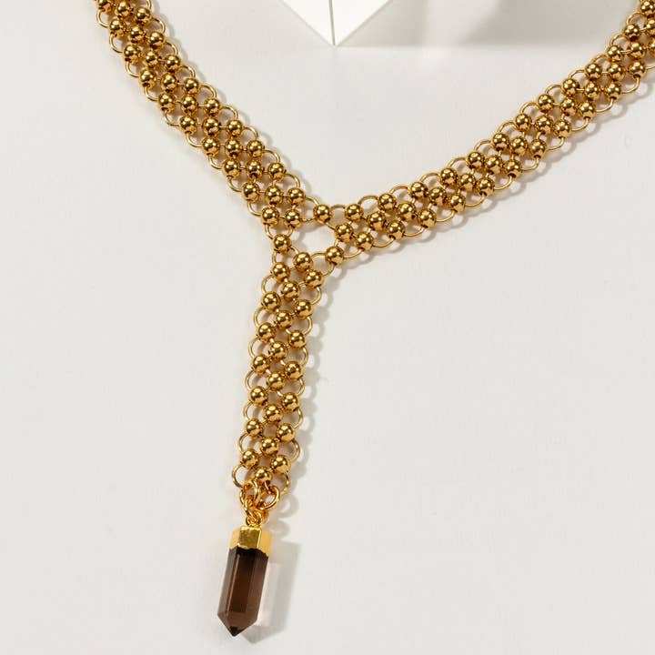 Luna Norte - Wholesale Y-Neck/Lariat Necklace - Smoking Point Chain Maille Y-Necklace - Smoky Quartz