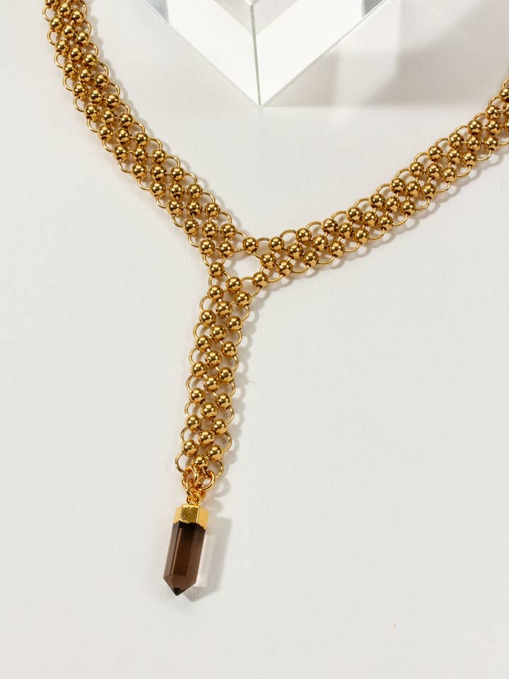 Collar en Y con cadena Smoking Point Chain Maille, cuarzo ahumado para venta al por mayor de Luna Norte