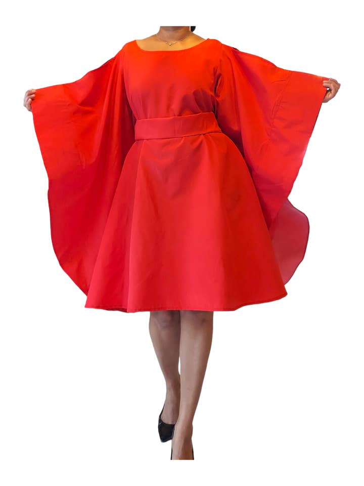 India Batik - Wholesale Dress - Women's - Faux Silk Wing Dress/Poncho Dress/ Wing Sleeves-Red5