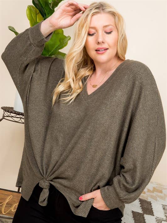 ETK-7746-PL Plus Size Brushed Terry Casual V Neck Top for wholesale by Emerald Collection