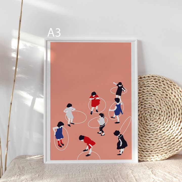 Margret Aurin – Engroshandel Kunsttryk – Kunsttryk LAD OS LEGE, børn leger, hula hoop1