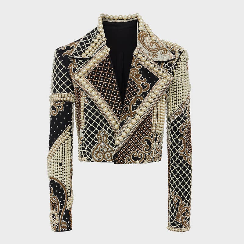 Schwarz JK133Y Luxuriöse, handbestickte Kurzjacke mit Perlen und Diamantverzierung für den Großhandel auf Faire8