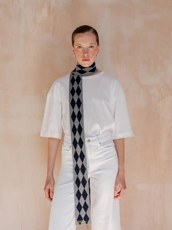 Merino Wool Skinny Scarf in Charcoal Harlequin for wholesale by TBCo