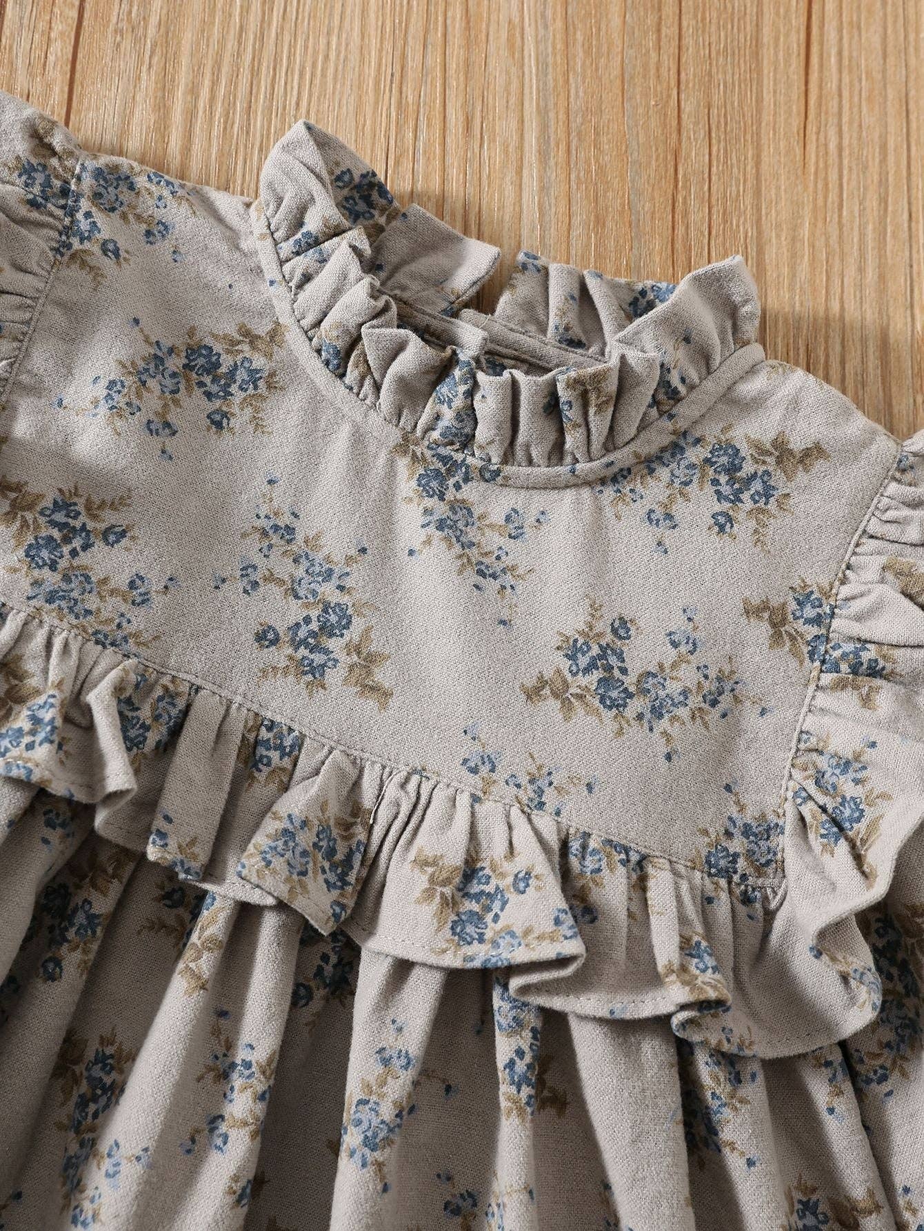 Grey Autumn Arrival Baby Kids Girls Floral Pattern Long Sleeves Ruffle Neck Dress for wholesale on Faire1