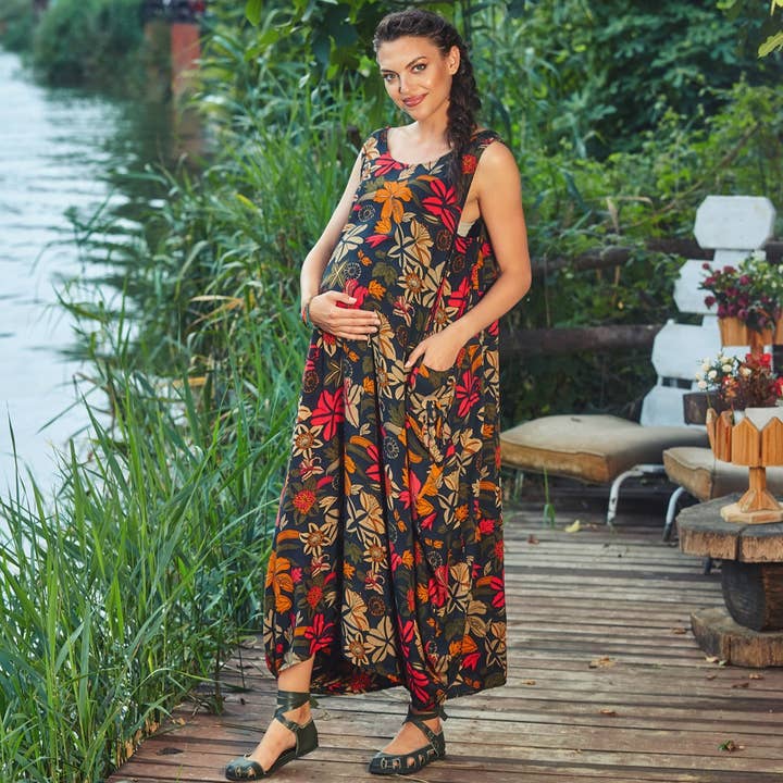 Vestido materno floral holgado sin mangas con bolsillos abotonados para venta al por mayor de Los Banditos