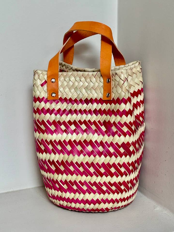 Mini Palm Purse - Natural and Magenta (no tassel) for wholesale by Woven Mexico