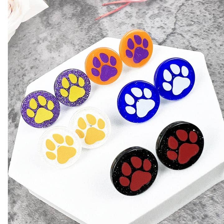 ROUND PAW PRINT ACRYLIC GLITTER STUD EARRING for wholesale by JHP Collection