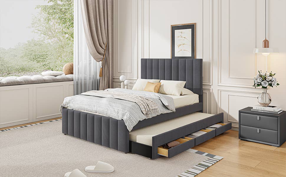 Gray Upholstered Platform Bed with Trundle & 3 Drawers, Linen for wholesale on Faire15