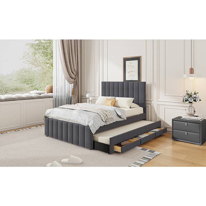 Gray Upholstered Platform Bed with Trundle & 3 Drawers, Linen for wholesale on Faire15