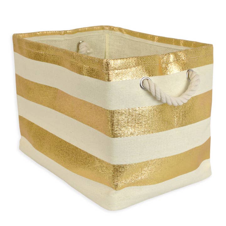 Paper Bin Stripe Gold Rectangle Medium 15 x 10 x 12 for wholesale by Welcome Home Unbeatable Deals