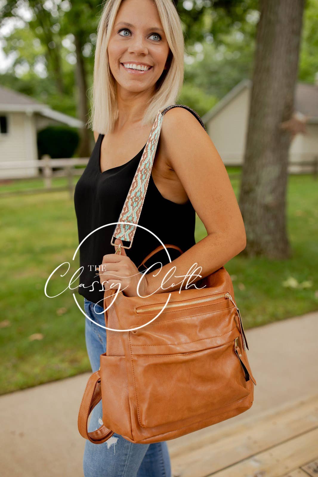 The Classy Cloth WS - Wholesale Backpack - Women's - Chloe Convertible Backpack - Tan - Aqua Brown Boho RTS