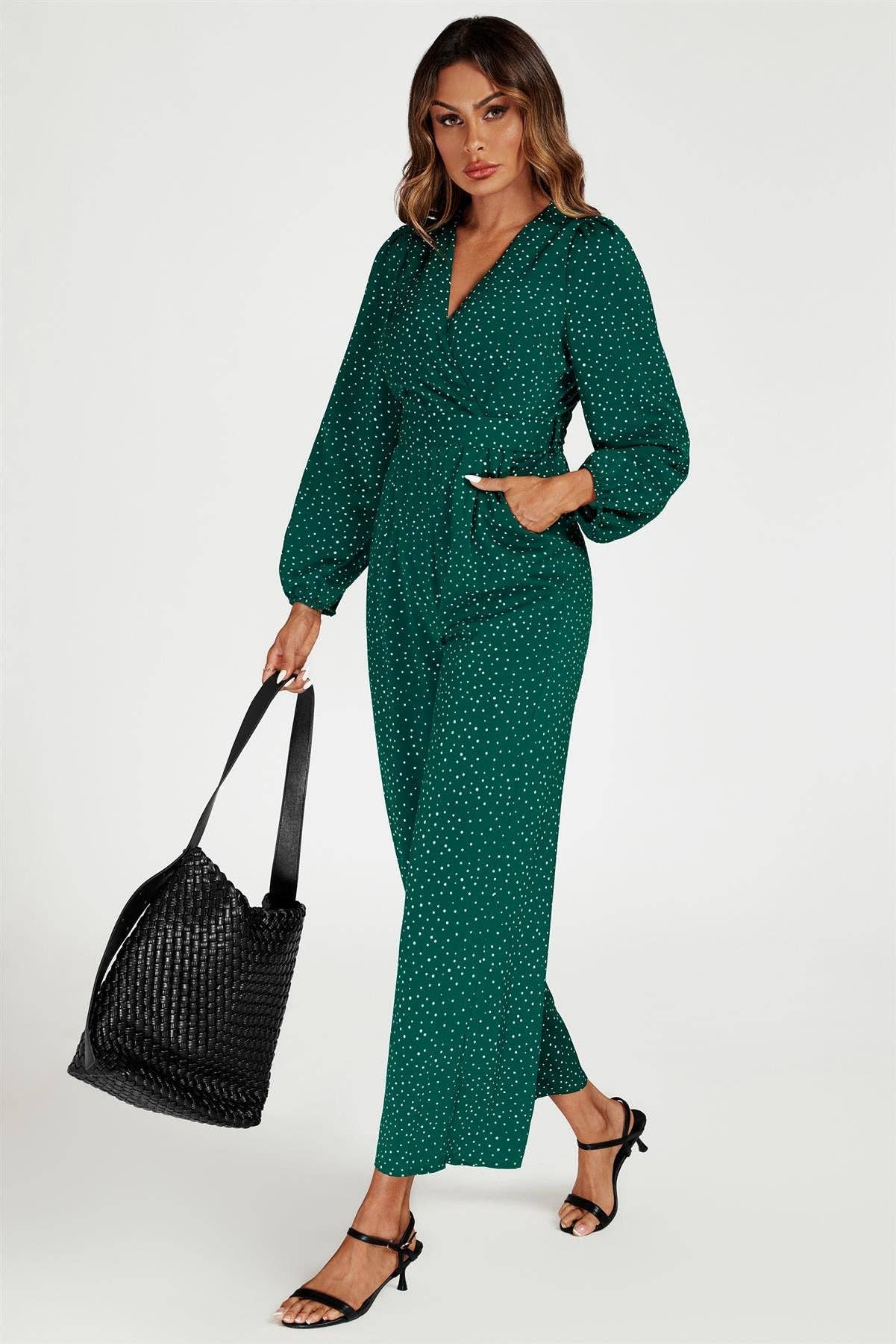 Dot Print Wrap Jumpsuit In Green for wholesale on Faire3