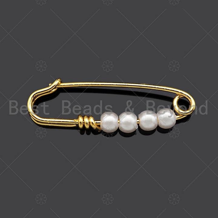 BestBeads&Beyond - Wholesale Clasp - Cute 18K Gold Safety Pin Clasp, Pearl On Clasp Safety Pin, Paper Clip Chain Connector Clasp, 8x24mm, Sku#Y3921