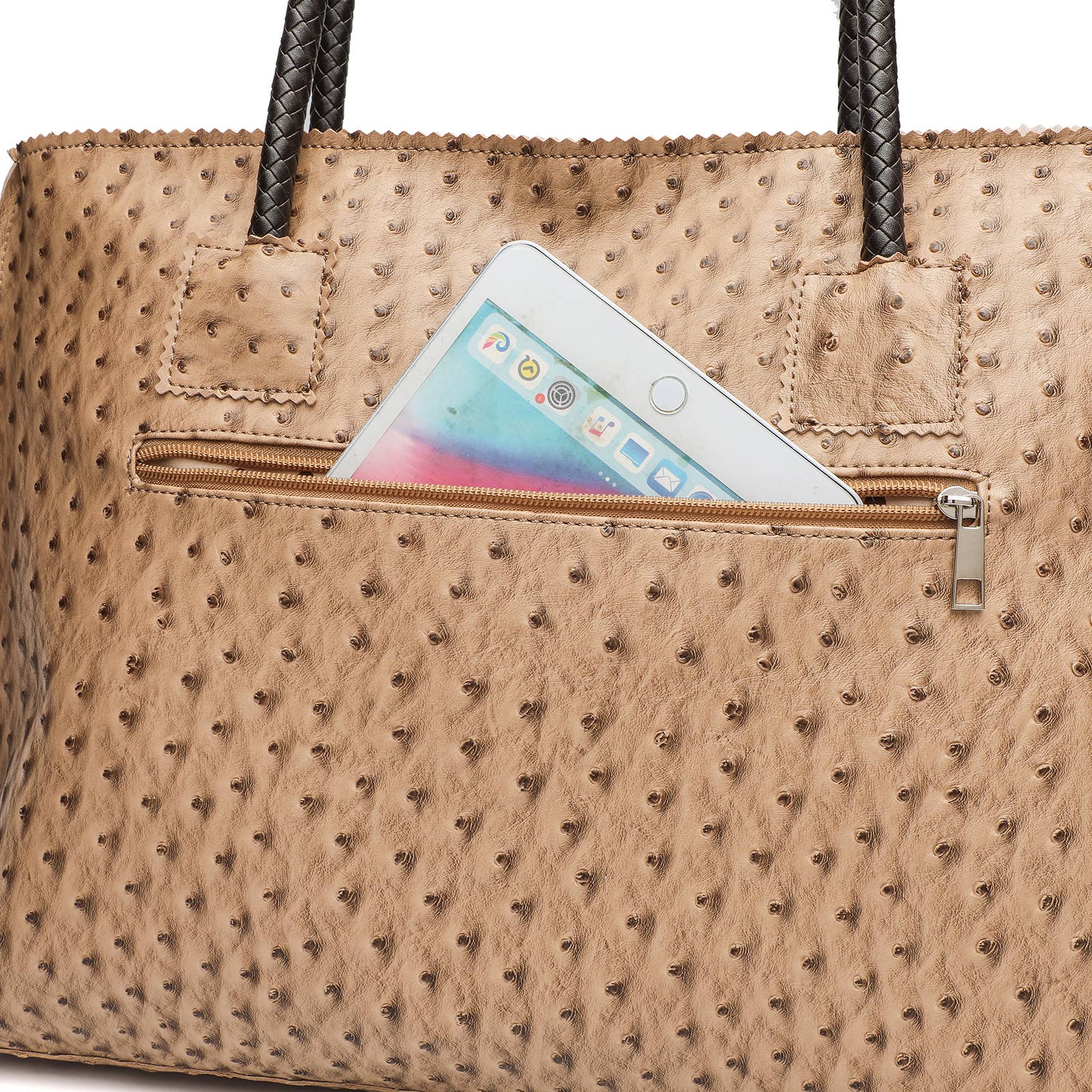 22 Tote - Wholesale Tote Bag - Women's - Deluxe Ostrich Tote Bag with Braided Handles & Multi-Pockets8