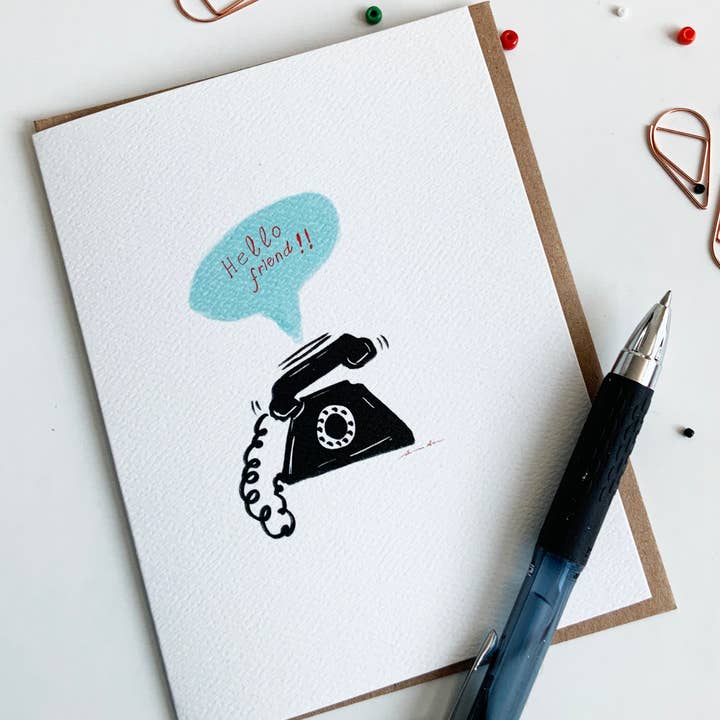 LadooLadoo – Großhandel Freundschaftskarten – Freundschaftskarte, Zeichnung eines alten Telefons mit der Aufschrift Hallo1