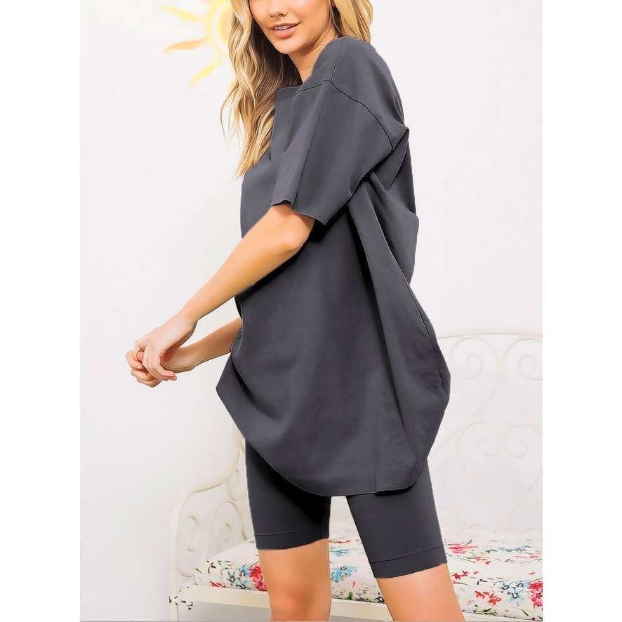 Coloring You – Conjuntos Casual - Mulher por atacado – FSG-ST8296 CONJUNTO DE SHORTS DE CAMISETA DE GRANDES DIMENSÕES E CAMISA DE MOTOQUEIRO3