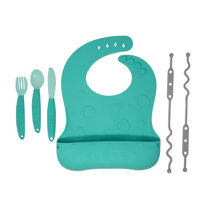 Stop-Drop Travel Bib+ Utensils for wholesale by Busy Baby