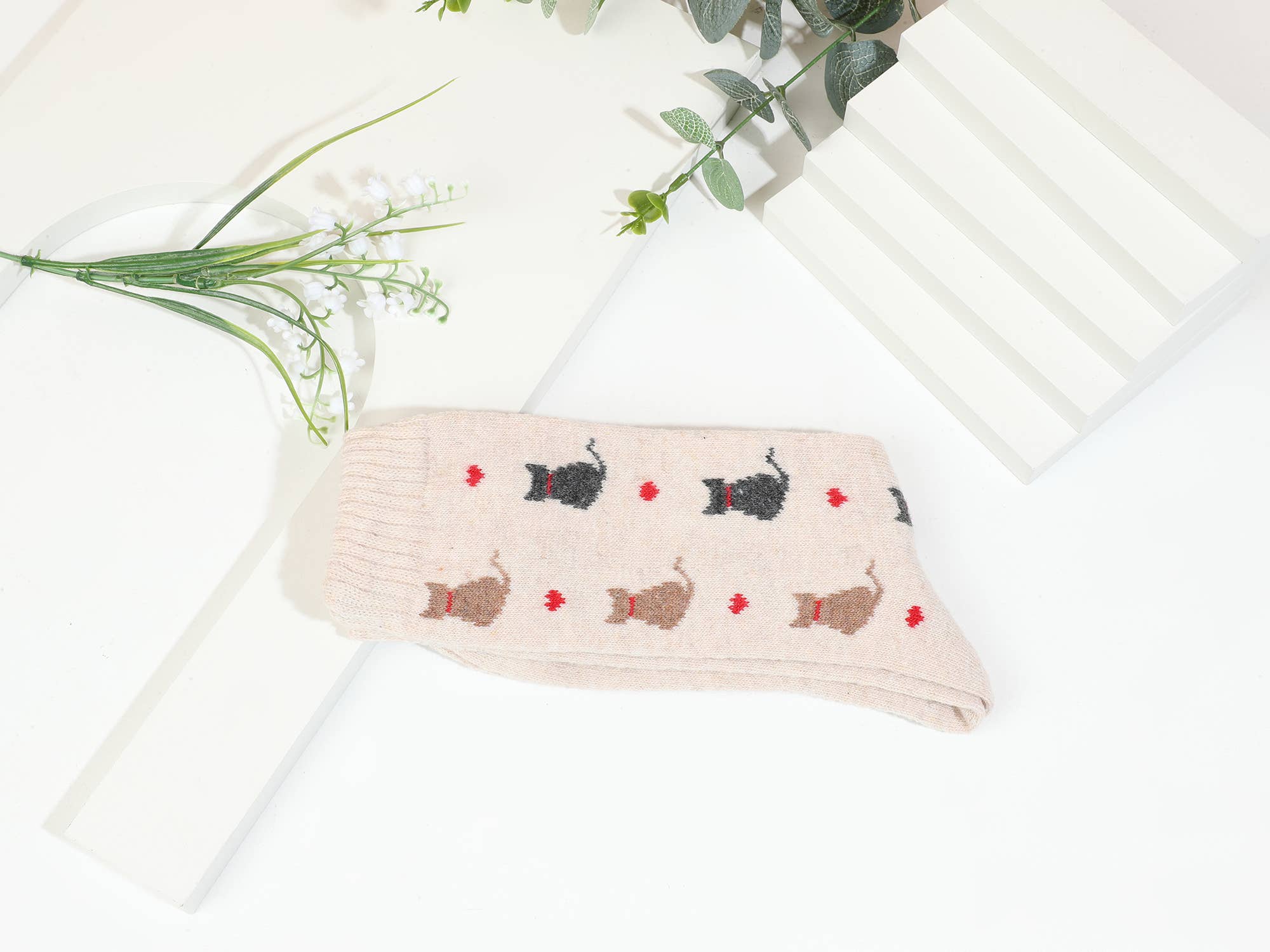 INES DELAURE – Großhandel Socken – Damen – Hohe Sockenpaare, Katzenmuster1