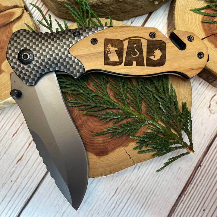 DAD Fishing Knife for wholesale by Quail Tail Laser Art