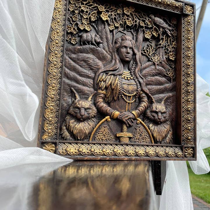 KozakWorkshop - Wholesale Wall Accent - Freyja Skandinavian Goddess wooden carved wall picture9