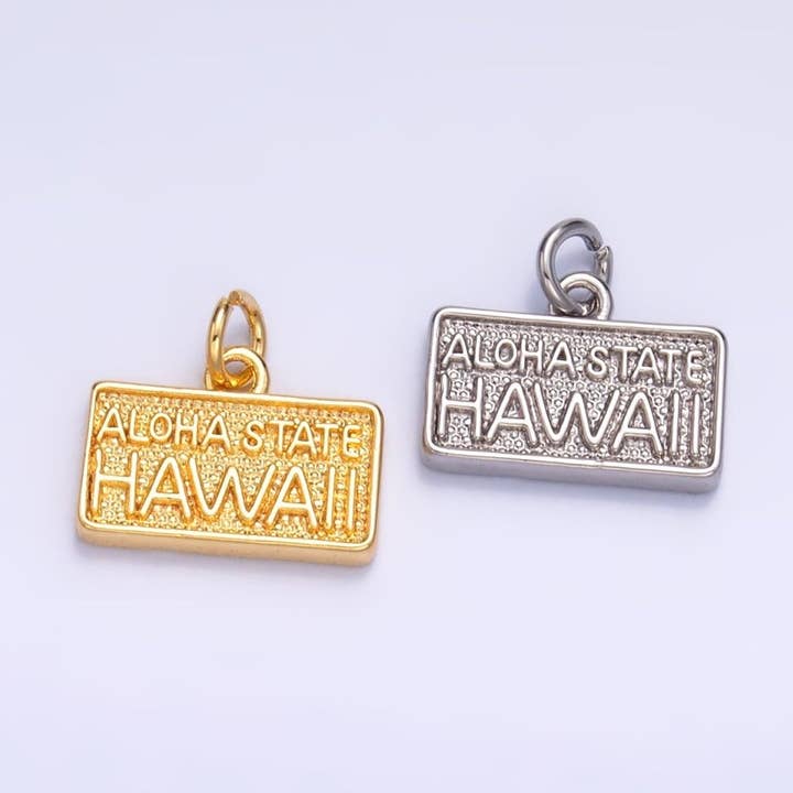 Aim Eternal - Wholesale Individual Charm/Pendant - 24K Gold Filled "ALOHA STATE: HAWAII" Script License Plate Charm in Gold & Silver | W2843