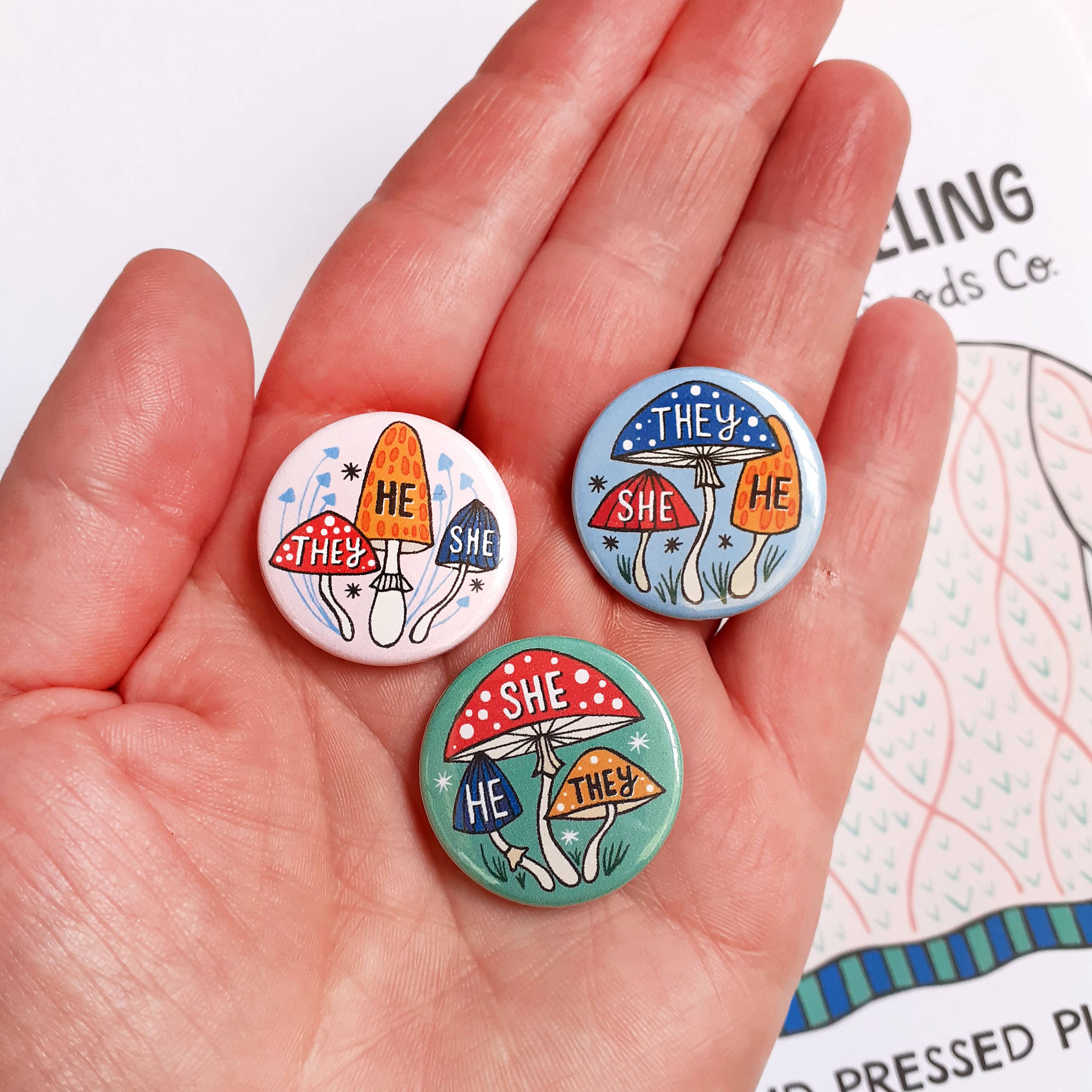 O What A Feeling | Textile & Paper Goods Co. - Wholesale Lapel Pin/Button - Mini 25mm Non-Binary Mushrooms Pronoun Pin Badges9